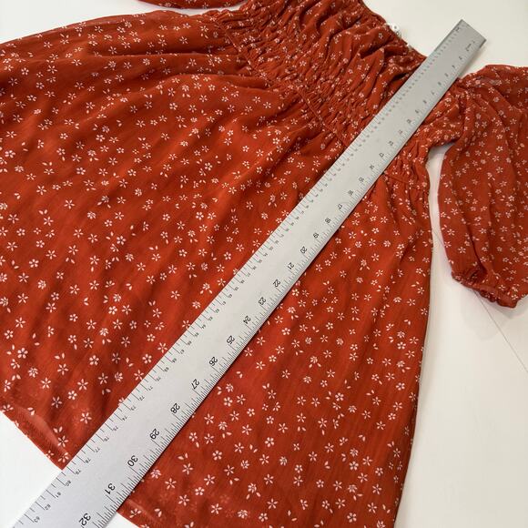 Row A Rust Orange Floral Prairiecore Puff Sleeve Smocked‎ Mini Dress Size M - Picture 11 of 11